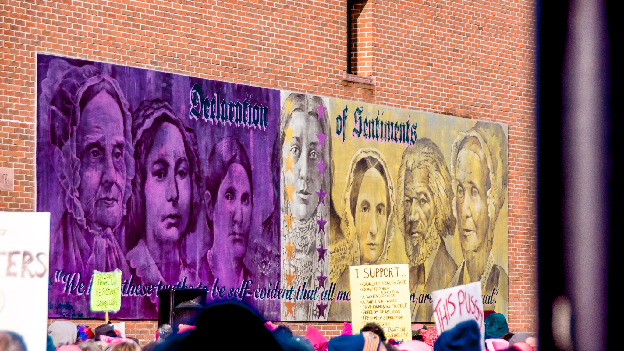 Seneca Falls Convention poster amongst women's protest