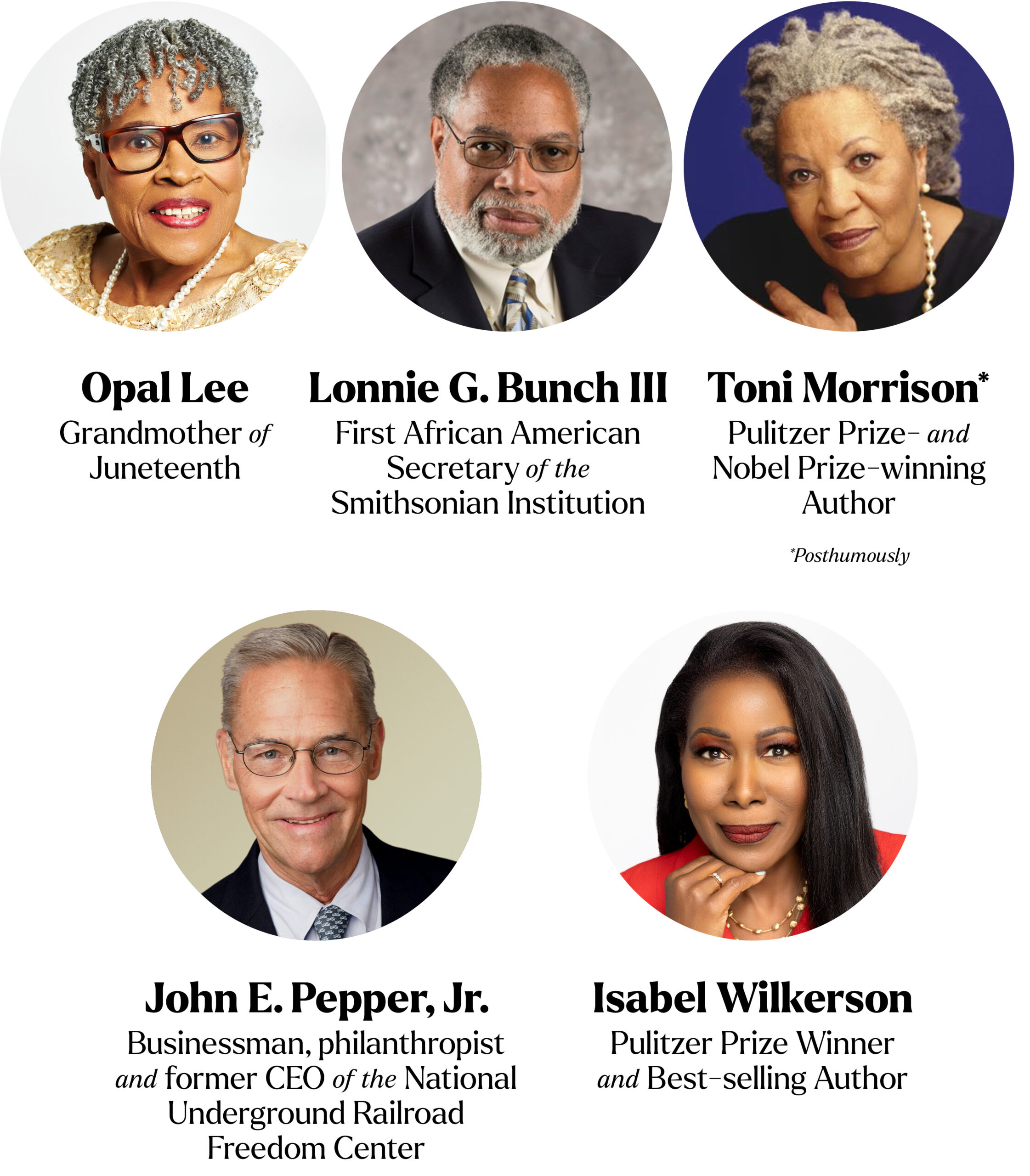 Honorees_250731_v04 opal-lee-lonnie-g-bunch-toni-morrison-john-e-pepper-isabel-wilkerson